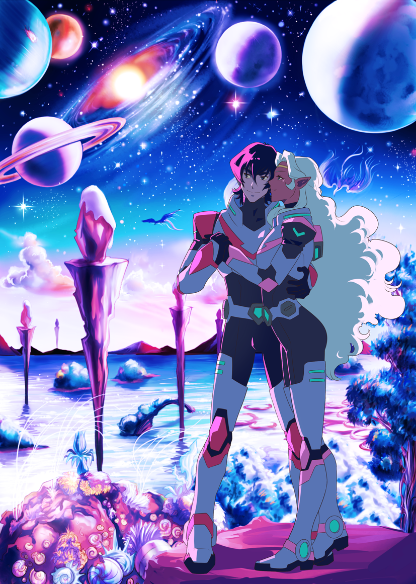 1boy 1girl arm_around_waist black_eyes black_hair bodysuit circlet dark_skin facial_mark holding_hand hyakujuu-ou_golion keith_(voltron) lake long_hair mountain planet pointy_ears princess_allura sasha_gladysh sky smile star_(sky) starry_sky voltron:_legendary_defender white_hair