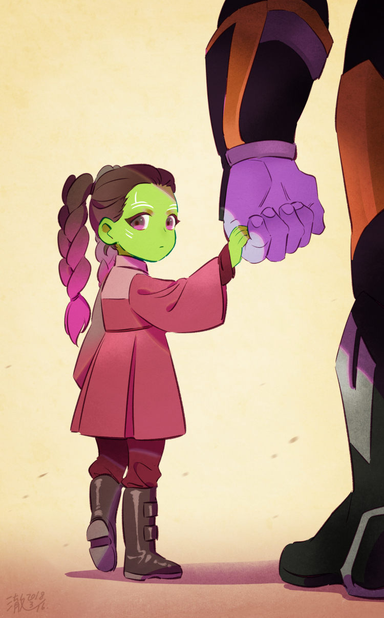 1boy 1girl avengers avengers:_infinity_war black_footwear boots braid brown_footwear brown_hair che_(cyan_crown) closed_mouth commentary dated dress english_commentary facial_mark father_and_daughter fingernails from_behind full_body gamora gradient_hair green_skin hand_holding highres knee_boots long_hair long_sleeves looking_at_viewer looking_back marvel multicolored_hair out_of_frame pants pink_eyes pink_hair pleated_dress purple_skin red_dress red_pants short_dress signature spoilers standing tareme thanos twin_braids vambraces walking younger