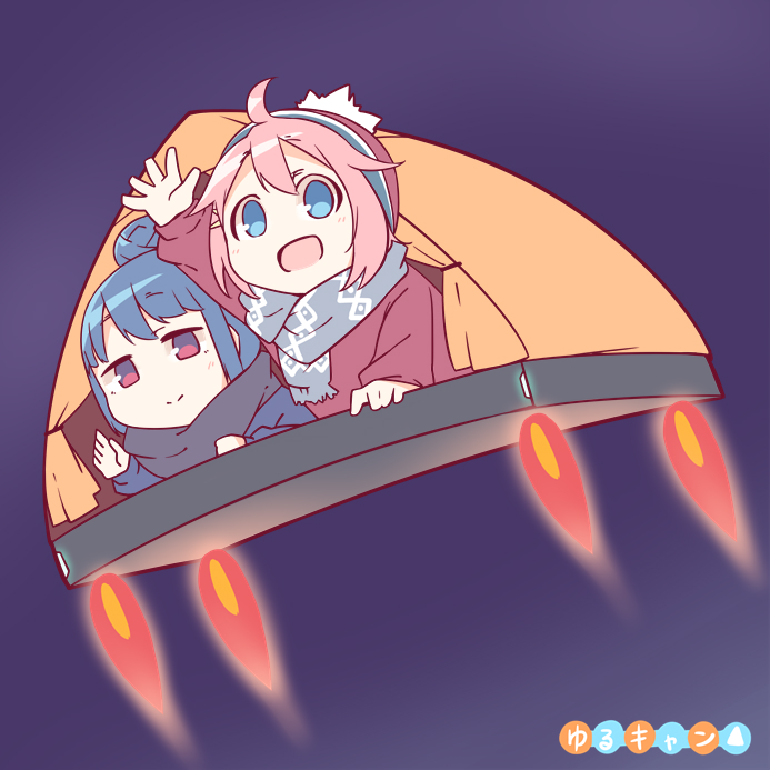 2girls :d ahoge beanie blue_eyes blue_hair copyright_name flying hair_bun hat hetareeji kagamihara_nadeshiko liftoff multiple_girls open_mouth pink_hair rocket scarf shima_rin smile tent waving yurucamp