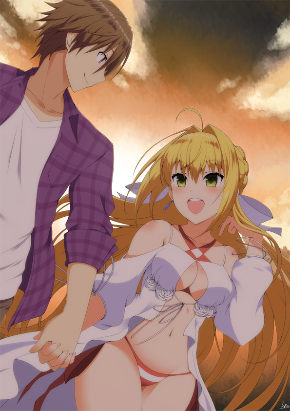 1boy 1girl :d bikini blonde_hair blush bow breasts brown_hair cleavage commentary_request criss-cross_halter earrings eye_contact fate/extella fate/extra fate_(series) green_eyes hair_bow halterneck hand_holding jewelry kishinami_hakuno_(male) large_breasts long_hair looking_at_another navel nero_claudius_(fate)_(all) nero_claudius_(swimsuit_caster)_(fate) ookami_maito open_mouth side-tie_bikini smile striped striped_bikini swimsuit very_long_hair