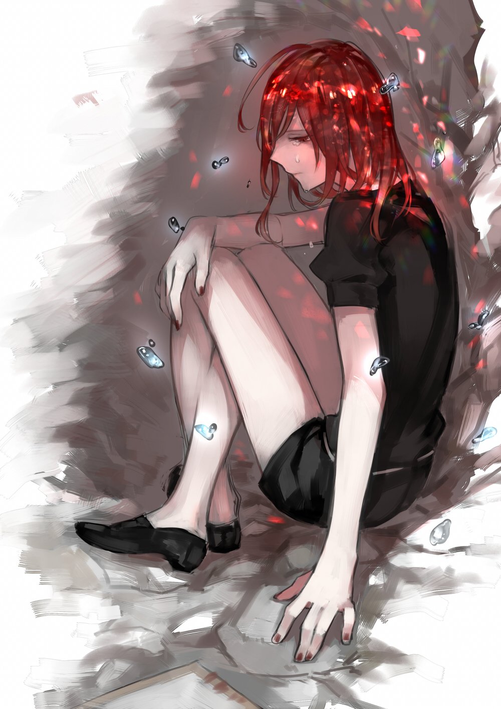 1other ahoge androgynous cave crying crying_with_eyes_open gem_uniform_(houseki_no_kuni) glowing glowing_hair highres houseki_no_kuni mercury red_eyes redhead sad shinsha_(houseki_no_kuni) short_hair shuu-0208 sitting solo tears