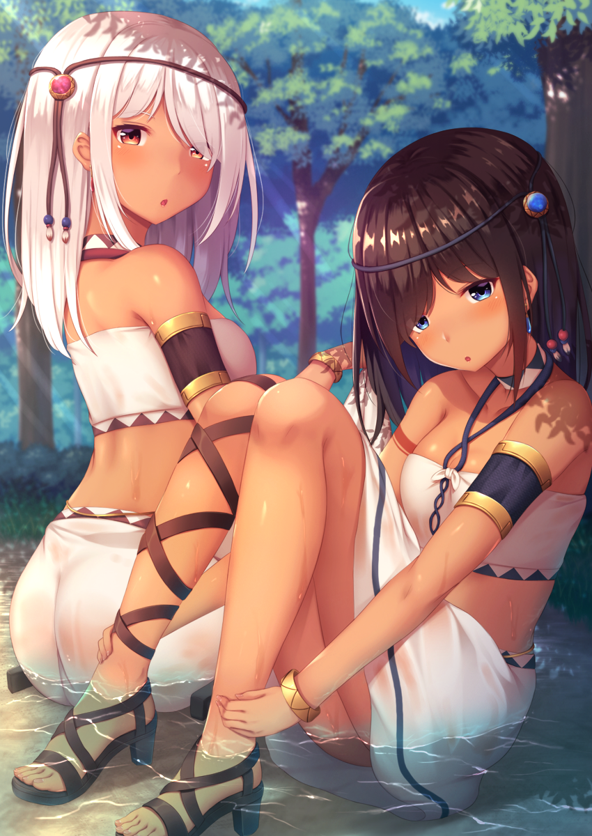 :o armlet bandeau black_hair blue_eyes bracelet choker circlet dark_skin day eyebrows_visible_through_hair forest highres jewelry long_hair looking_at_viewer momo_no_kanzume nature necklace original outdoors partially_submerged red_eyes sitting skirt strapless tattoo wariza water white_hair