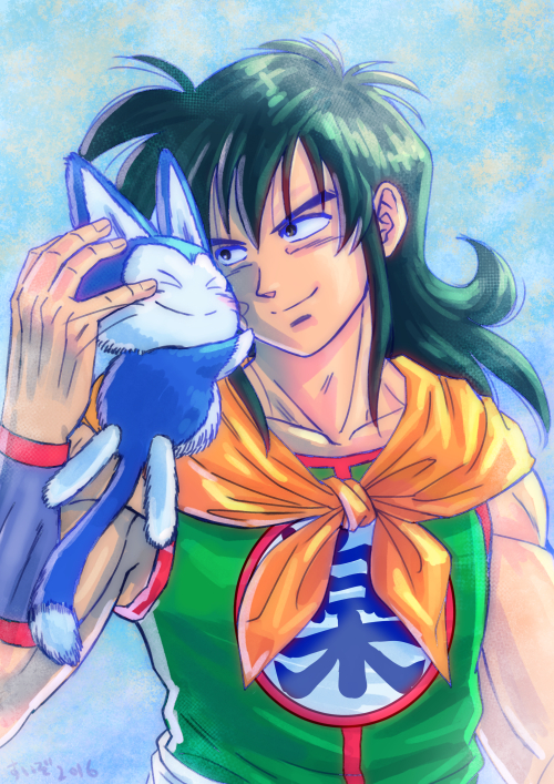 1boy 2016 ^_^ animal animal_ears black_eyes black_hair blue_background cat_ears closed_eyes dated dragon_ball dragon_ball_(classic) fingernails green_shirt hands_on_another's_head happy hug long_hair looking_at_another male_focus muscle neckerchief puar shirt simple_background sleeveless smile stargeyser tail upper_body whiskers wristband yamcha