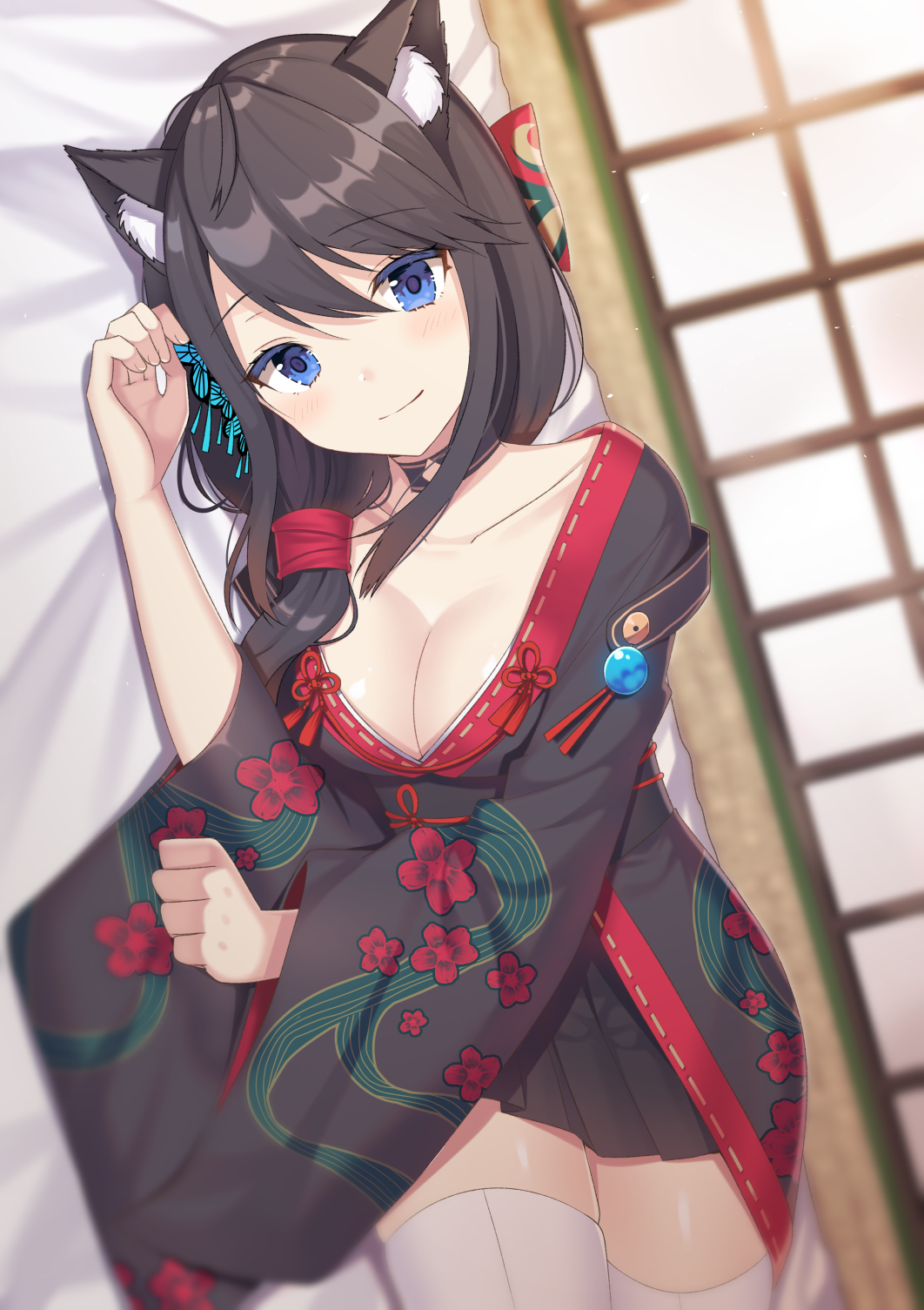 1girl animal_ears arm_up azur_lane bangs black_kimono black_skirt blue_eyes blush breasts brown_hair butterfly_hair_ornament cat_ears cleavage closed_mouth collar commentary_request dutch_angle eyebrows_visible_through_hair floral_print fusou_(azur_lane) hair_between_eyes hair_ornament highres izumo_neru japanese_clothes kimono long_hair lying medium_breasts on_side pleated_skirt print_kimono short_kimono skirt smile solo thigh-highs white_legwear