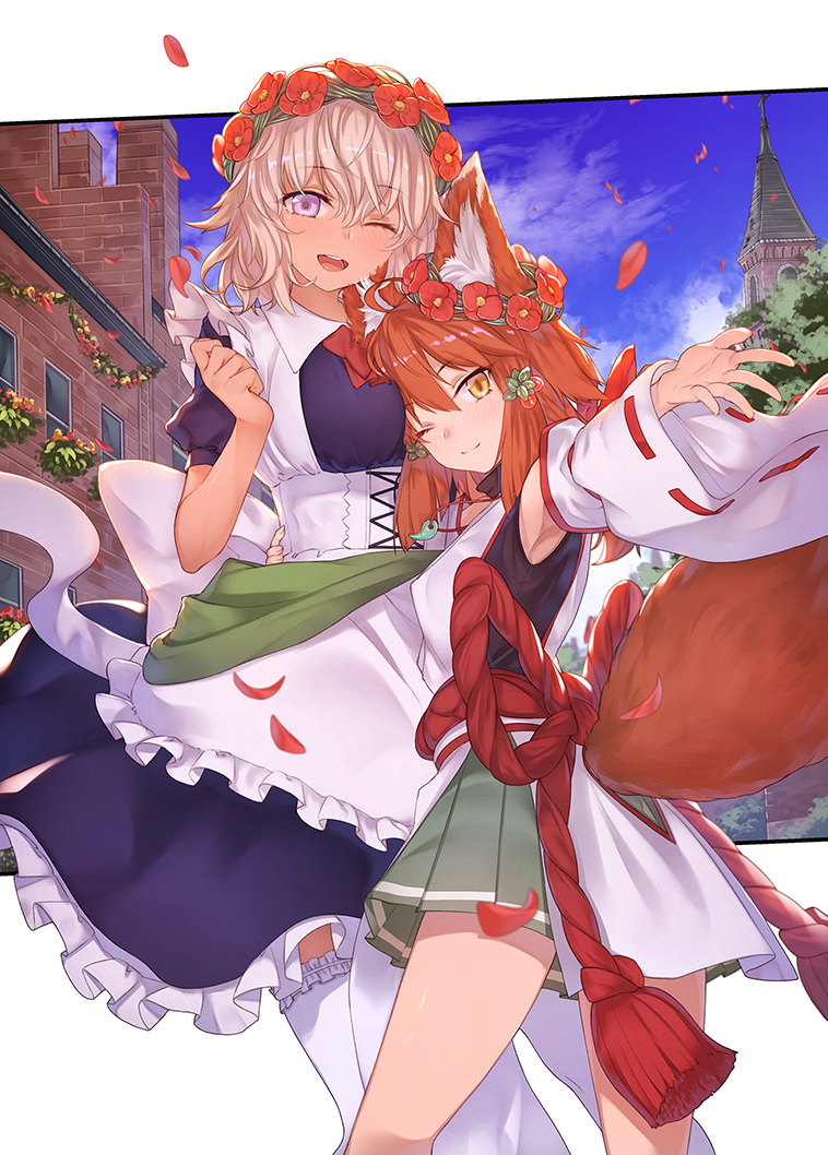 2girls ;d animal_ears blonde_hair blue_sky brown_hair clouds commentary_request copyright_request corset detached_sleeves eyebrows_visible_through_hair flower flower_wreath frills hair_between_eyes height_difference ibuki_notsu looking_at_viewer magatama_necklace maid multiple_girls one_eye_closed open_mouth outstretched_arm petals ribbon-trimmed_sleeves ribbon_trim sky smile thigh-highs violet_eyes white_legwear wide_sleeves yellow_eyes