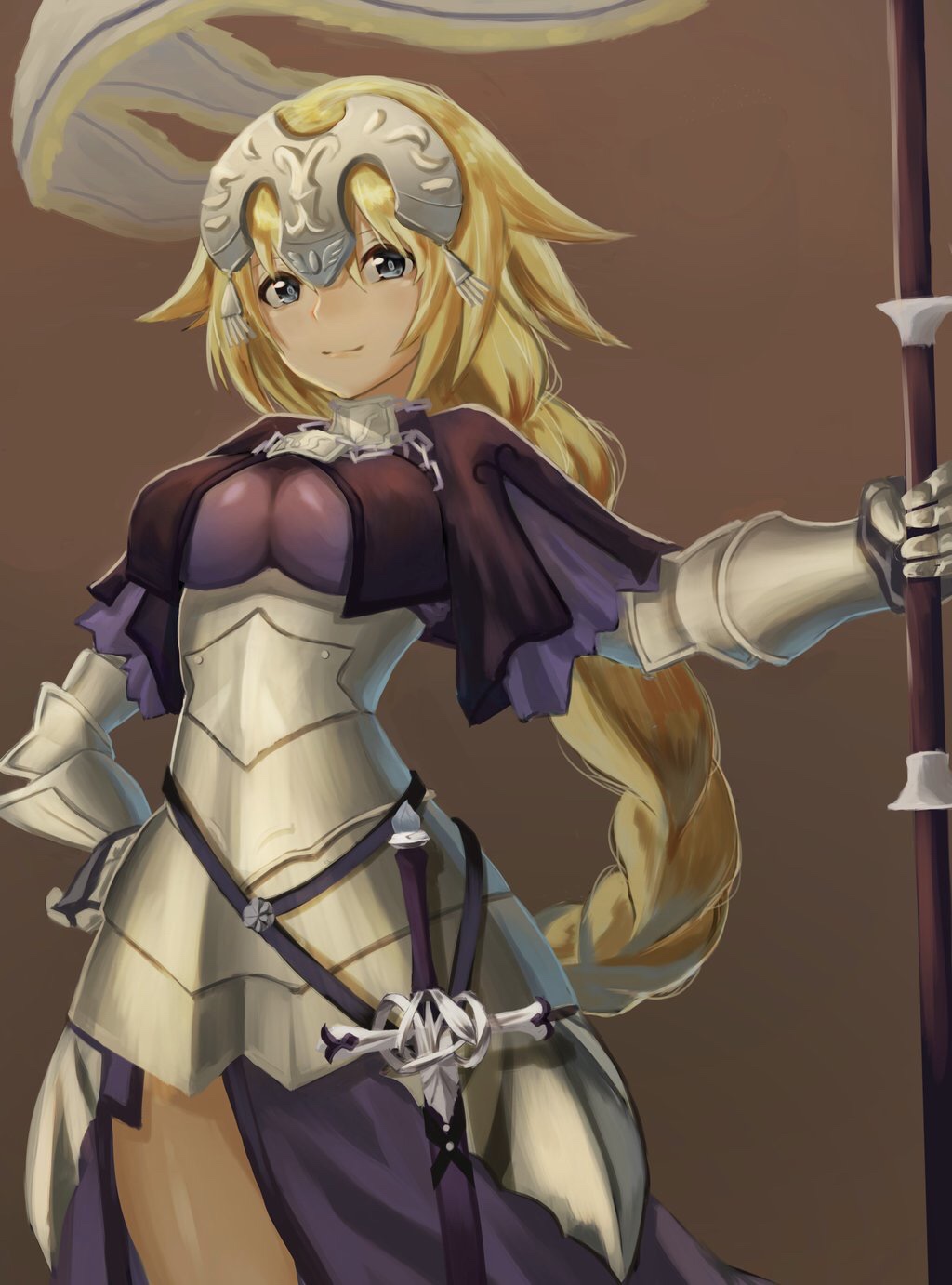 1girl armor armored_dress blonde_hair blue_eyes braid breasts commentary_request fate/grand_order fate_(series) flag flagpole gauntlets hand_on_hip highres jeanne_d'arc_(fate) jeanne_d'arc_(fate)_(all) large_breasts light_smile long_braid long_hair looking_at_viewer makitoshi0316 single_braid solo sword very_long_hair weapon