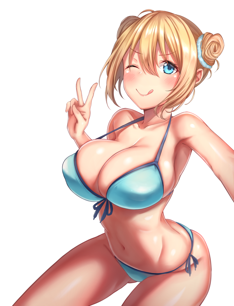 1girl bikini blend_s blonde_hair blue_bikini blue_eyes breasts cleavage clouds cowboy_shot double_bun front-tie_top hair_between_eyes hinata_kaho large_breasts leaning_forward looking_at_viewer lun7732 self_shot side-tie_bikini simple_background solo swimsuit v white_background