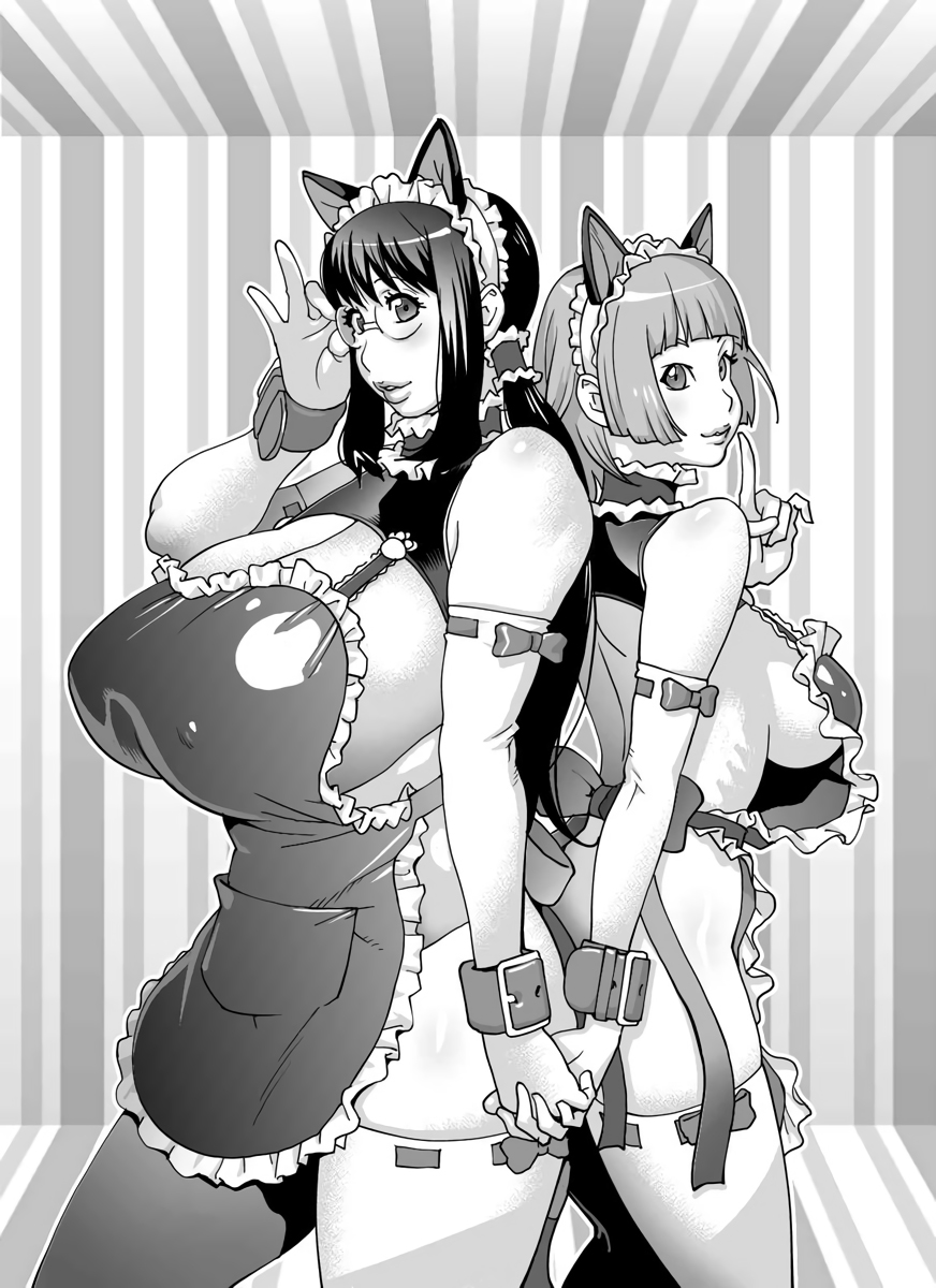 2girls adjusting_eyewear animal_ears apron back-to-back bangs blunt_bangs breasts cat_ears cleavage cowboy_shot elbow_gloves erect_nipples fake_animal_ears finger_to_mouth gloves greyscale hand_holding highres huge_breasts index_finger_raised kotoyoshi_yumisuke large_breasts lips long_hair looking_at_viewer monochrome multiple_girls neck_garter parted_lips ribbon-trimmed_gloves ribbon-trimmed_legwear ribbon_trim rimless_eyewear round_eyewear short_hair sideboob striped striped_background thigh-highs twintails
