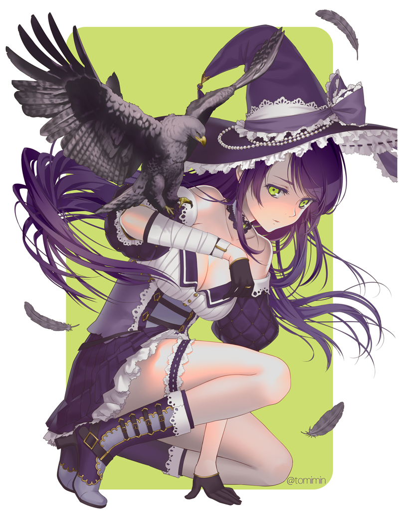 1girl animal animal_on_shoulder arm_up bandage bandaged_arm bird bird_on_shoulder black_feathers black_gloves boots breasts cleavage collarbone commentary_request detached_collar detached_sleeves eagle feathers gloves green_background green_eyes hair_ribbon hat jewelry lace long_hair medium_breasts one_knee original pearl purple_footwear purple_hair purple_hat purple_ribbon ribbon ribbon-trimmed_headwear ribbon_trim ring solo tomiwo twitter_username witch witch_hat