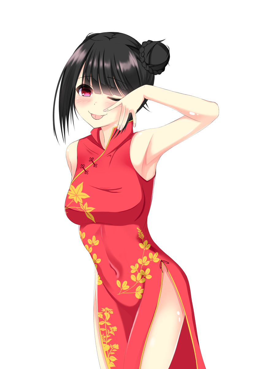 1girl ;p alternate_costume alternate_hairstyle armpits bangs black_hair blunt_bangs blush breasts china_dress chinese_clothes commentary_request cowboy_shot cropped_legs date_a_live dress eyebrows_visible_through_hair fingernails hair_between_eyes hair_bun hand_on_own_face highres kasumasu_(tales75) leaf_print medium_breasts one_eye_closed red_eyes short_hair simple_background solo standing tokisaki_kurumi tongue tongue_out white_background