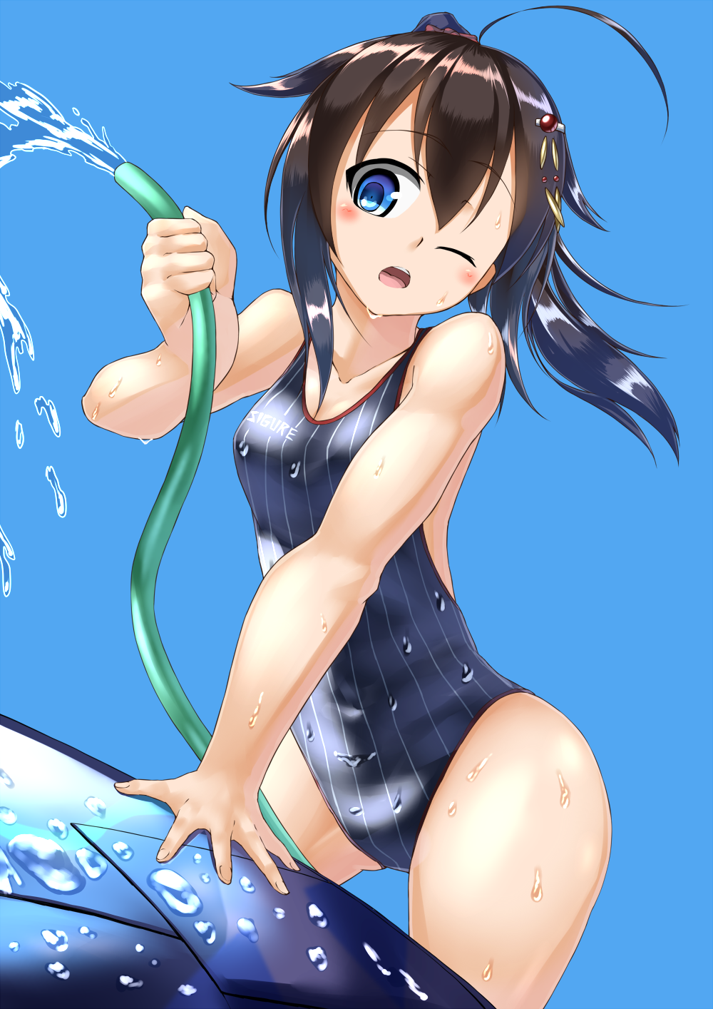 1girl ahoge alternate_hairstyle arai_kogane black_hair black_swimsuit blue_background car character_name competition_swimsuit cowboy_shot ground_vehicle hair_flaps highres hose kantai_collection long_hair motor_vehicle one-piece_swimsuit one_eye_closed ponytail remodel_(kantai_collection) shigure_(kantai_collection) simple_background solo striped striped_swimsuit swimsuit water