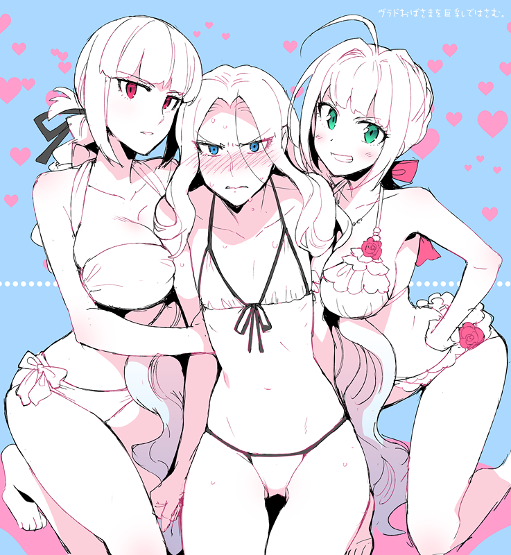 3girls ahoge bikini black_ribbon blue_eyes blush breasts cleavage dripping embarrassed fate/apocrypha fate/extra fate/grand_order fate_(series) florence_nightingale_(fate/grand_order) genderswap genderswap_(mtf) green_eyes grin hair_ribbon hand_on_hip heart heart_background koshiro_itsuki long_hair looking_at_viewer multiple_girls nero_claudius_(fate) nero_claudius_(fate)_(all) partially_colored red_eyes ribbon saber_extra smile sweat sweating swimsuit very_long_hair vlad_iii_(fate/apocrypha)