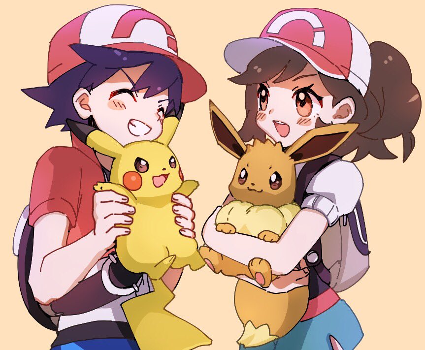 1boy 1girl ^_^ ankea_(a-ramo-do) backpack bag baseball_cap black_hair brown_hair carrying closed_eyes cowboy_shot eevee female_protagonist_(pokemon_lgpe) gen_1_pokemon grin hat looking_at_another male_protagonist_(pokemon_lgpe) open_mouth pikachu pokemon pokemon_(creature) pokemon_(game) pokemon_lgpe ponytail short_sleeves shorts simple_background smile yellow_background