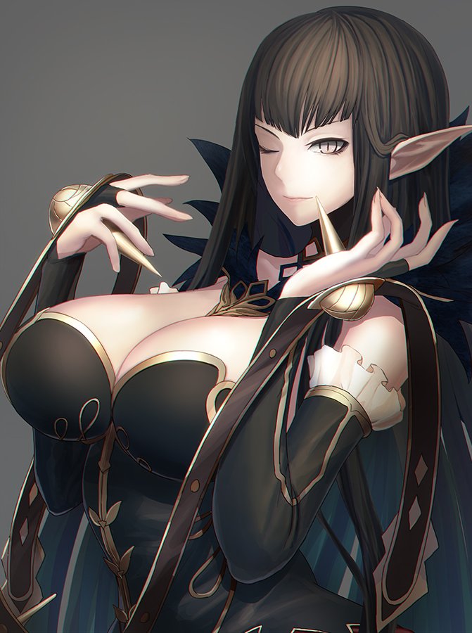 1girl arms_up black_dress black_hair breasts bridal_gauntlets cleavage collarbone commentary detached_sleeves dress fate/apocrypha fate/grand_order fate_(series) frills fur_trim large_breasts long_dress long_hair minami_koyogi one_eye_closed pointy_ears semiramis_(fate) smile spikes very_long_hair yellow_eyes