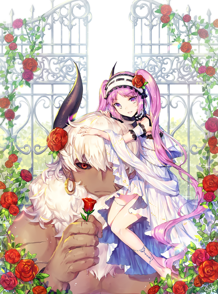 1boy 1girl asterios_(fate/grand_order) bare_legs barefoot black_sclera dark_skin dress euryale fate/grand_order fate_(series) flower hair_flower hair_ornament hairband holding holding_flower long_hair looking_at_viewer pixiv_fate/grand_order_contest_2 purple_hair red_eyes red_flower red_rose rose sash sitting_on_shoulder size_difference smile soriya twintails violet_eyes white_dress white_hair