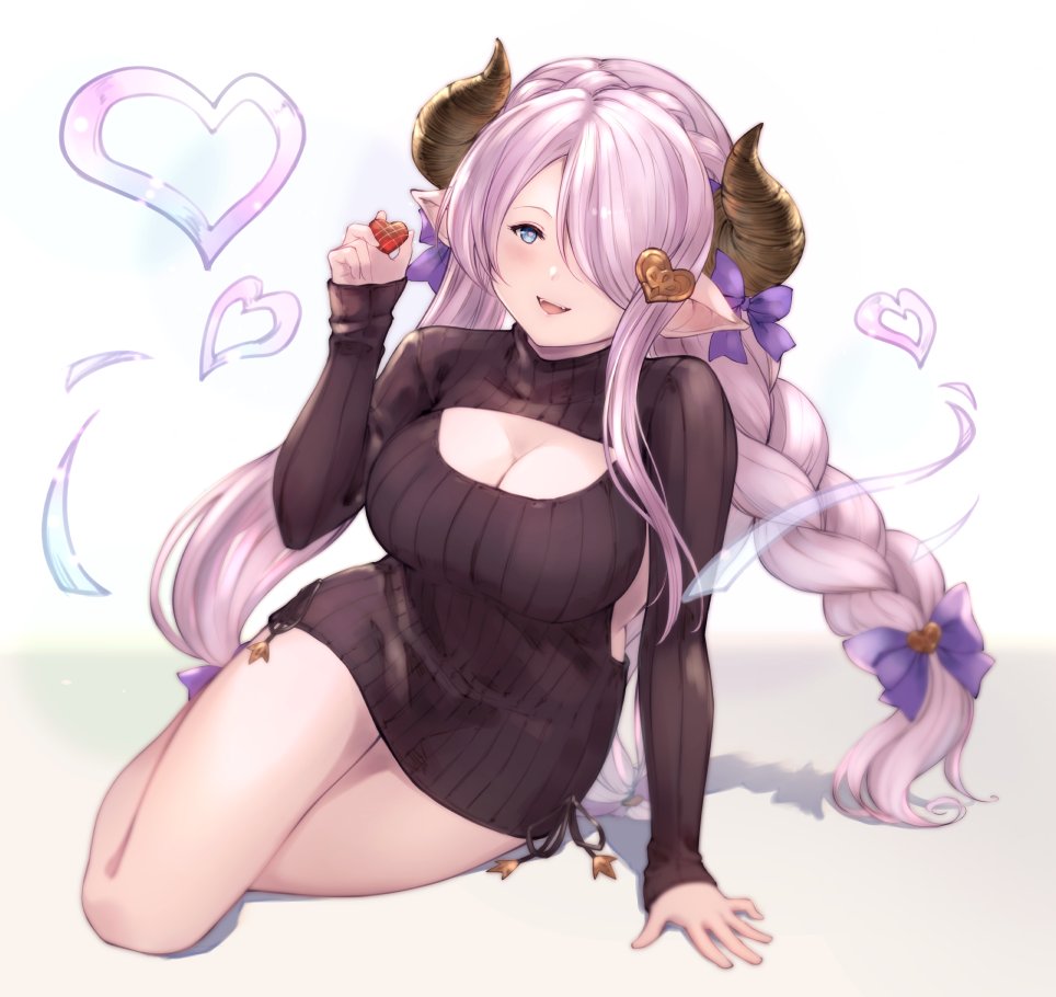 1girl blue_eyes blush breasts chokuro draph dress granblue_fantasy hair_over_one_eye large_breasts lavender_hair long_hair long_sleeves looking_at_viewer meme_attire narmaya_(granblue_fantasy) open-chest_sweater purple_hair ribbed_sweater smile solo sweater sweater_dress