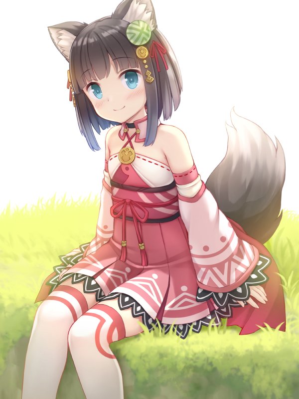 1girl animal_ears bangs bare_shoulders blue_eyes blush bob_cut brown_hair closed_mouth commentary_request detached_sleeves dress eyebrows_visible_through_hair fox_ears fox_tail grass hair_ornament hair_ribbon halterneck head_tilt long_sleeves looking_at_viewer medium_hair namaru_(summer_dandy) obi original outdoors pink_dress pleated_dress print_dress print_sleeves red_ribbon ribbon ribbon-trimmed_dress ribbon-trimmed_sleeves ribbon_trim sash shiny shiny_hair short_dress sitting smile solo tail thigh-highs white_background white_legwear wide_sleeves