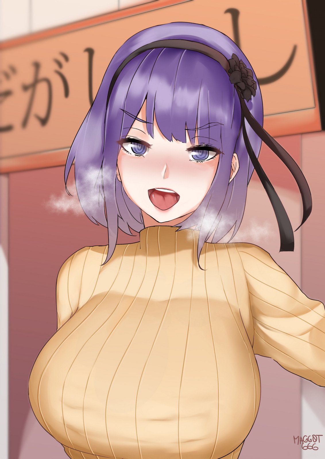 1girl black_flower black_hairband black_rose blush bow breasts breath commentary dagashi_kashi eyebrows_visible_through_hair flower hair_flower hair_ornament hairband highres large_breasts looking_at_viewer norman_maggot open_mouth purple_hair ribbed_sweater ringed_eyes rose shidare_hotaru short_hair sweater tongue turtleneck turtleneck_sweater violet_eyes yellow_sweater