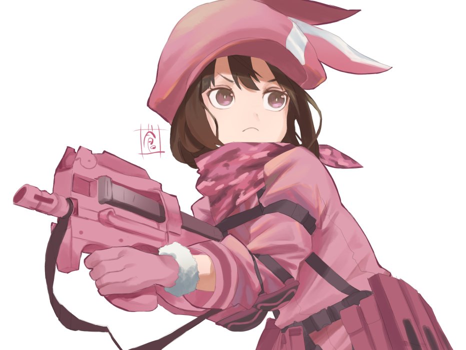 1girl bandanna bangs bright_pupils brown_hair bullpup camouflage closed_mouth eyebrows frown fur-trimmed_gloves fur_trim gloves gun hair_between_eyes hat holding holding_gun holding_weapon llenn_(sao) long_sleeves looking_away p-chan_(p-90) p90 pink pink_gloves pink_hair pink_hat short_hair simple_background solo sou_(pale_1080) submachine_gun sword_art_online sword_art_online_alternative:_gun_gale_online v-shaped_eyebrows weapon white_background white_pupils