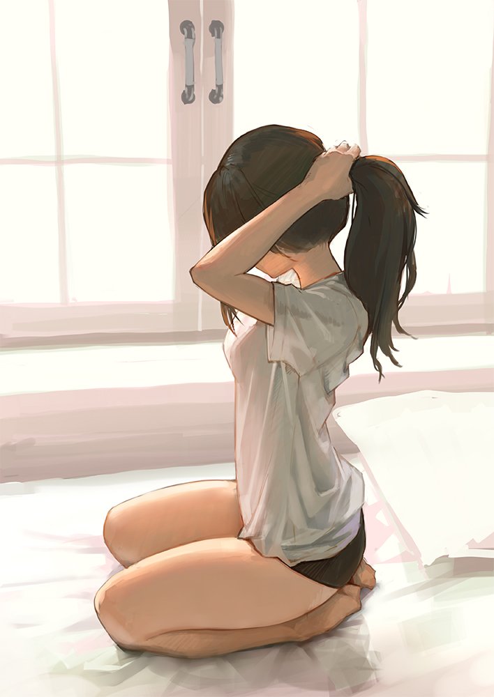 1girl adjusting_hair aro_(charged_time_out) barefoot bed black_panties breasts brown_hair facing_away from_side full_body indoors long_hair medium_breasts no_pants on_bed original panties pillow ponytail seiza shirt short_sleeves sidelocks sitting solo t-shirt underwear white_shirt window
