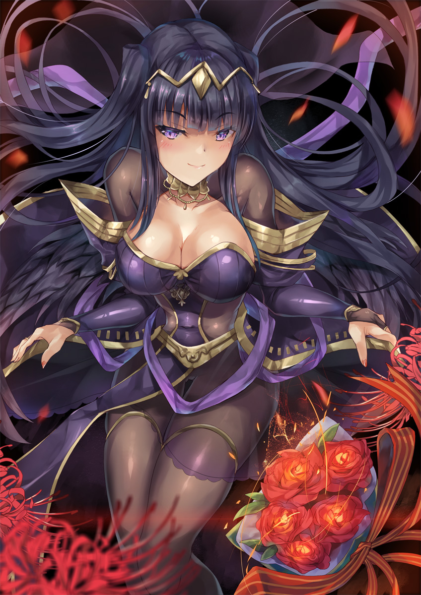 1girl bare_shoulders black_dress black_hair blush bodystocking bouquet breasts cleavage detached_sleeves dress eyebrows_visible_through_hair fire_emblem fire_emblem:_kakusei fire_emblem_heroes flower highres hinot large_breasts long_hair navel purple_ribbon red_ribbon ribbon rose tharja violet_eyes