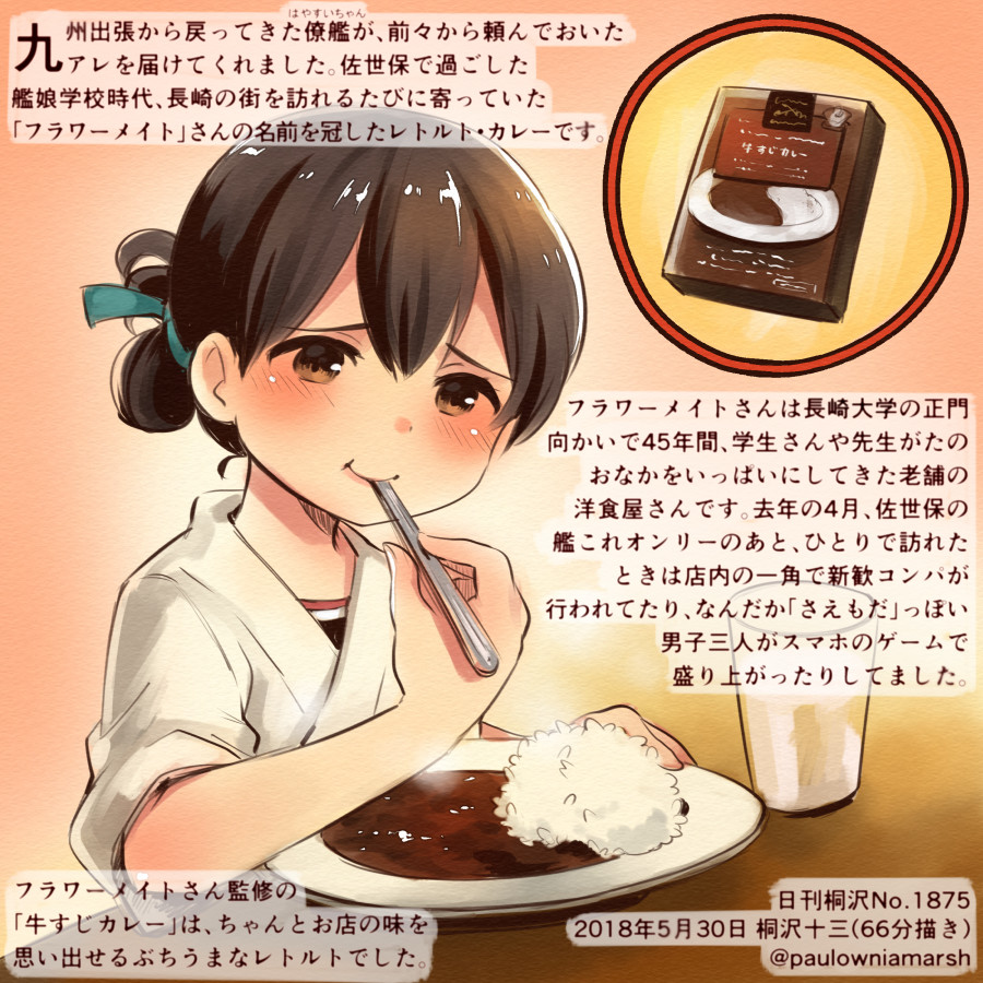 1girl brown_eyes brown_hair colored_pencil_(medium) commentary_request cup curry curry_rice dated drinking_glass eating food holding holding_spoon japanese_clothes kantai_collection kasuga_maru_(kantai_collection) kirisawa_juuzou numbered rice short_hair smile solo spoon spoon_in_mouth traditional_media translation_request twitter_username