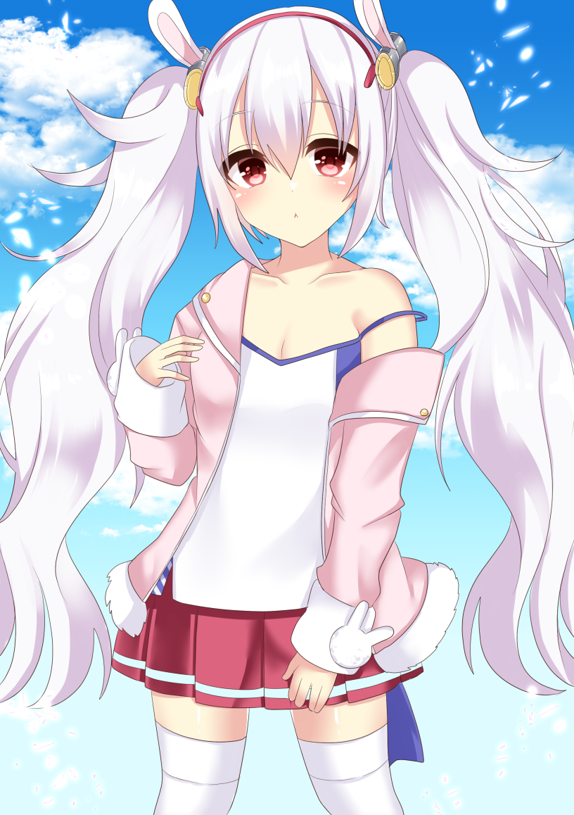 1girl :&lt; animal_ears azur_lane bangs bare_shoulders blue_sky blush camisole closed_mouth clouds collarbone commentary_request day eyebrows_visible_through_hair fur-trimmed_jacket fur_trim hair_between_eyes hair_ornament hairband hand_up jacket laffey_(azur_lane) long_hair long_sleeves looking_at_viewer misaki_(misaki86) off_shoulder open_clothes open_jacket outdoors pink_jacket pleated_skirt rabbit_ears red_eyes red_hairband red_skirt sidelocks silver_hair skirt sky sleeves_past_wrists solo thigh-highs twintails very_long_hair white_camisole white_legwear