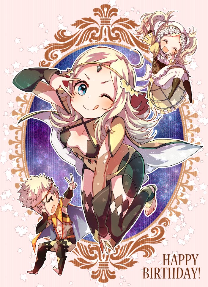 1boy 2girls abs ahoge black_legwear blonde_hair blue_eyes boots breasts capelet chibi circlet cleavage closed_eyes covering_one_eye dress father_and_daughter fingerless_gloves fire_emblem fire_emblem:_kakusei fire_emblem_if gloves grandmother_and_granddaughter hand_over_eye happy_birthday leotard liz_(fire_emblem) long_hair looking_at_viewer mabokku medium_breasts midriff mother_and_son multiple_girls odin_(fire_emblem_if) open_mouth ophelia_(fire_emblem_if) pants short_hair smile spiky_hair thigh-highs tongue tongue_out twintails v v_over_eye