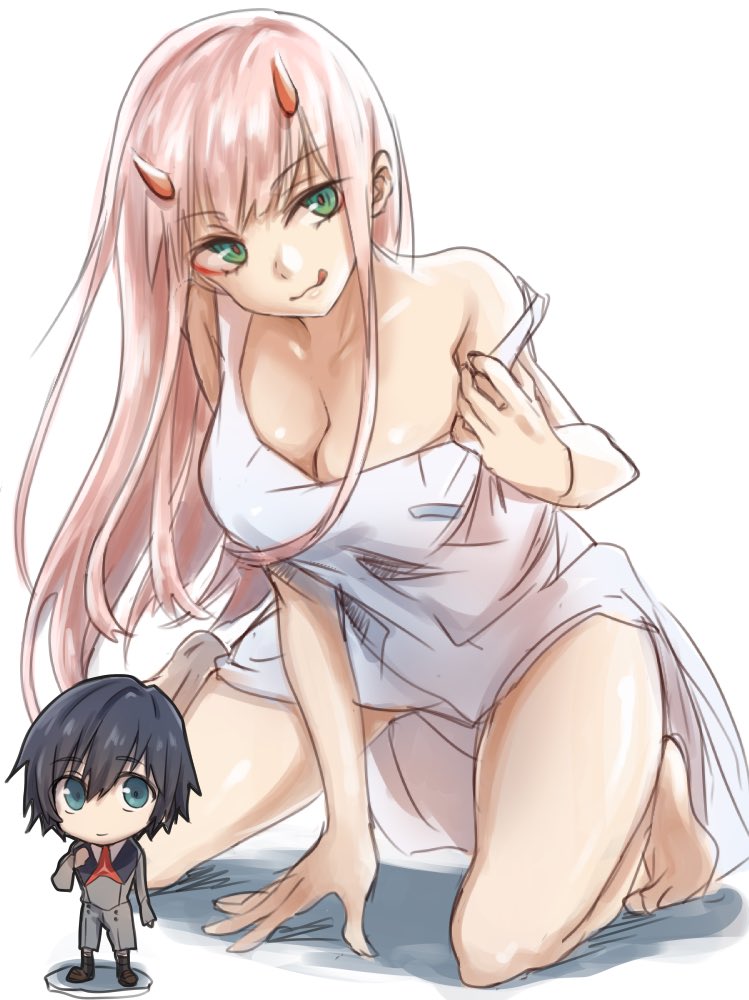 1boy 1girl bangs bare_arms bare_shoulders barefoot black_hair blue_eyes breasts brown_footwear cleavage collarbone commentary_request couple darling_in_the_franxx eyebrows_visible_through_hair fringe green_eyes hair_ornament hairband herozu_(xxhrd) hetero hiro_(darling_in_the_franxx) horns kneeling large_breasts lipstick long_hair long_sleeves looking_at_viewer makeup military military_uniform necktie nightgown oni_horns pink_hair red_horns red_neckwear shoes short_hair sleeveless socks strap_slip thighs tongue tongue_out uniform white_hairband zero_two_(darling_in_the_franxx)