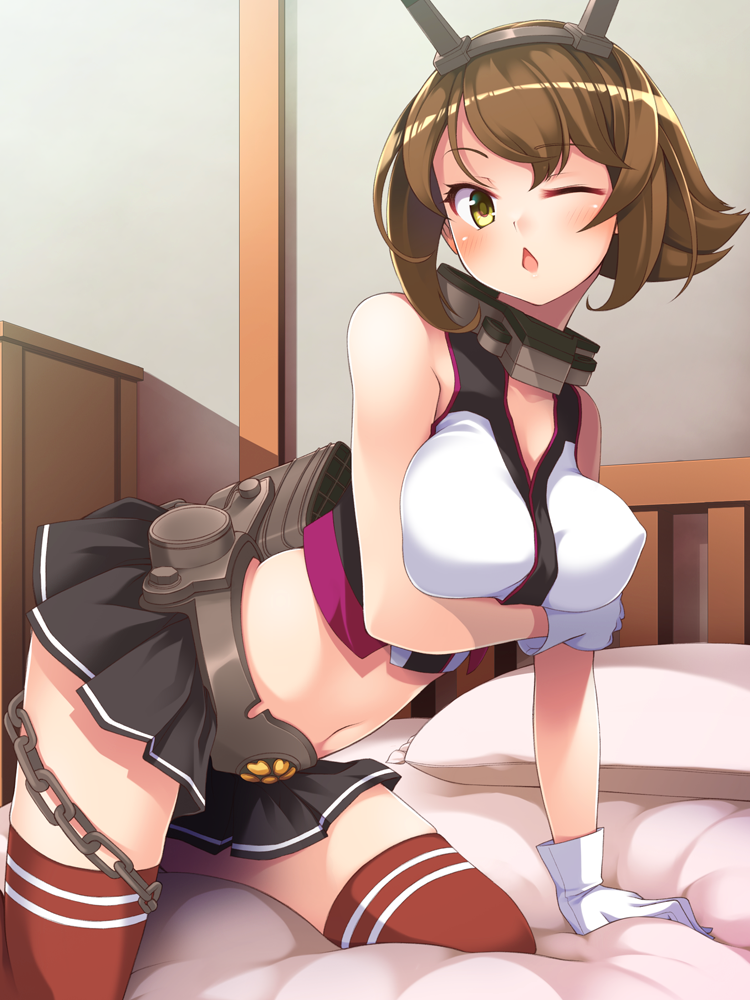 1girl arm_support bare_shoulders black_skirt blush breasts brown_hair chains erect_nipples flipped_hair gloves green_eyes headgear indoors kantai_collection kneeling large_breasts looking_at_viewer metal_belt miniskirt mofu_namako mutsu_(kantai_collection) navel on_bed one_eye_closed open_mouth pillow pleated_skirt red_legwear rigging skirt smokestack solo striped striped_legwear striped_skirt thigh-highs white_gloves