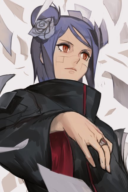 1girl black_robe blue_hair closed_mouth double_bun flower hair_flower hair_ornament hankuri jewelry konan long_sleeves naruto red_eyes ring robe short_hair sidelocks solo upper_body wide_sleeves