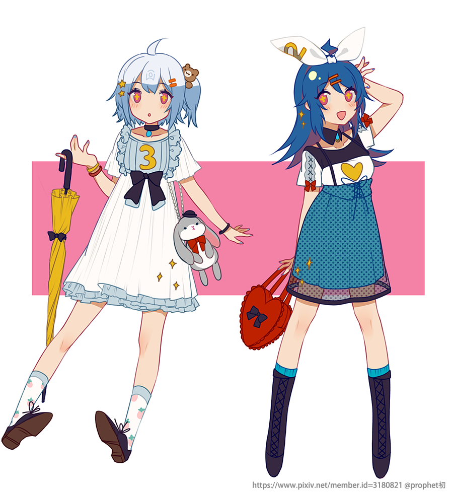 2girls ahoge arm_up bag bangs bili_girl_22 bili_girl_33 bilibili_douga black_footwear blue_hair blue_legwear blue_nails blue_skirt blush boots breasts dress eyebrows_visible_through_hair fingernails food_print hair_between_eyes hair_ornament hair_ribbon hairclip heart heart-shaped_bag high-waist_skirt holding holding_umbrella knee_boots kneehighs long_hair looking_at_viewer multiple_girls nail_polish one_side_up parted_lips print_legwear prophet_chu red_eyes ribbon school_uniform shirt shoes short_sleeves skirt small_breasts standing strawberry_print stuffed_animal stuffed_bunny stuffed_toy teddy_bear umbrella white_dress white_legwear white_ribbon white_shirt yellow_umbrella