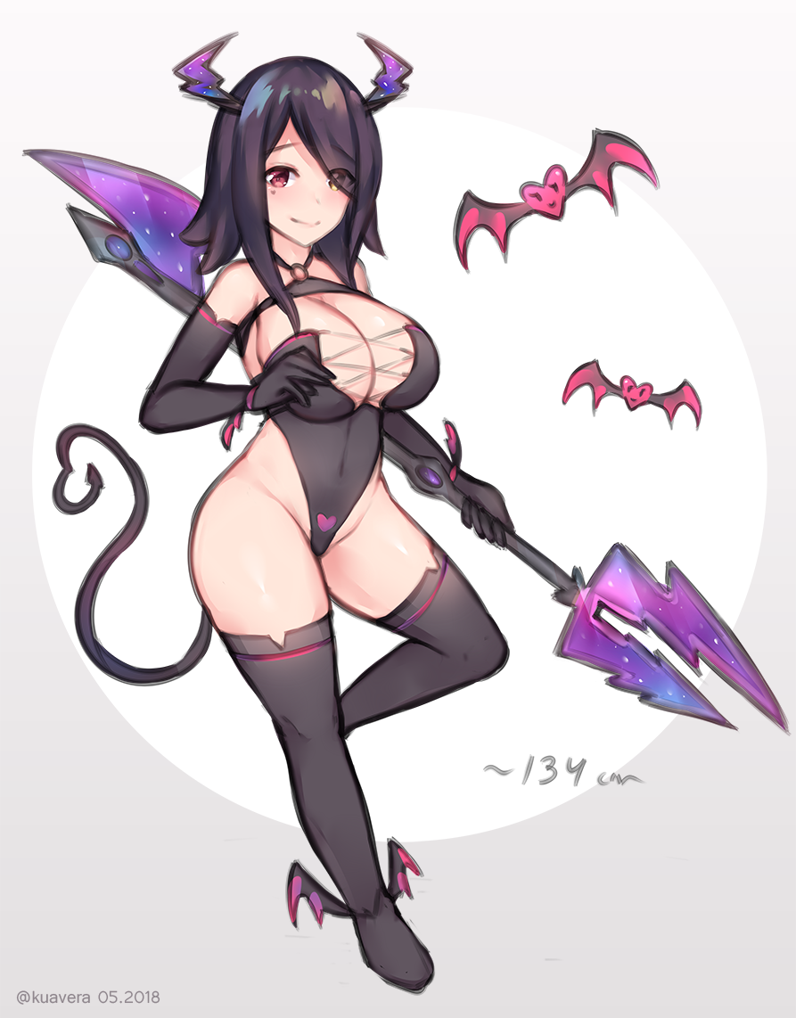 1girl black_footwear black_gloves black_hair black_leotard blush boots breasts cleavage covered_navel cross-laced_clothes dated demon_girl elbow_gloves eyes_visible_through_hair full_body gloves grey_background hair_over_one_eye heart height holding holding_weapon horns huge_breasts kuavera leotard looking_at_viewer mole mole_under_eye original polearm red_eyes short_hair smile solo standing standing_on_one_leg tail thigh-highs thigh_boots twitter_username weapon winged_boots