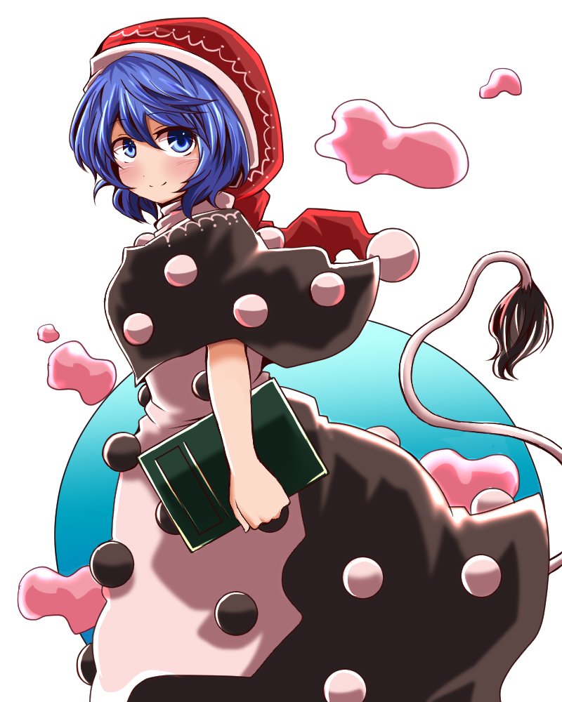 1girl blue_eyes blue_hair blush book capelet commentary doremy_sweet dream_soul dress hat layered_dress looking_at_viewer nightcap pom_pom_(clothes) short_hair smile solo tail tapir_tail touhou yasui_nori