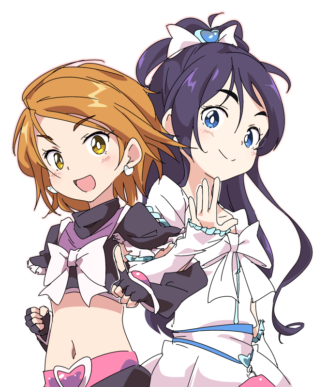 2girls :d black_hair black_shirt black_skirt blue_eyes bow brown_eyes brown_hair clenched_hand closed_mouth crop_top cure_black cure_white detached_sleeves earrings frilled_sleeves frills futari_wa_precure half_updo ixy jewelry locked_arms long_hair magical_girl midriff misumi_nagisa multiple_girls navel open_mouth pointing precure shirt short_hair short_sleeves skirt smile waving white_bow white_shirt white_skirt yukishiro_honoka