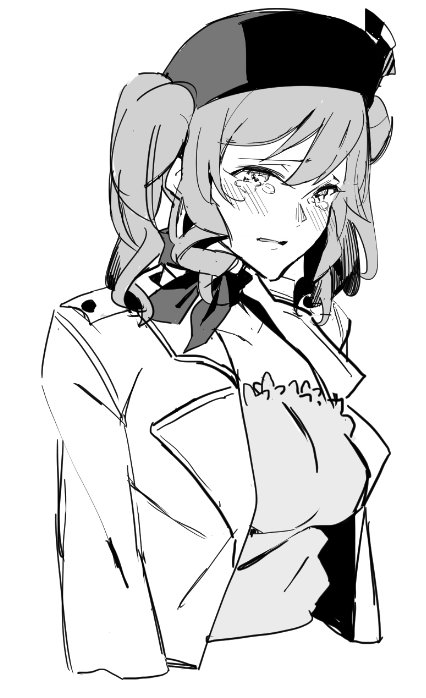 1girl alternate_costume asakawa_(outeq) beret blush breasts coat collarbone cropped_torso crying crying_with_eyes_open eyebrows_visible_through_hair greyscale hair_between_eyes hat kantai_collection kashima_(kantai_collection) kerchief long_hair monochrome parted_lips sidelocks simple_background solo tears twintails wavy_hair white_background