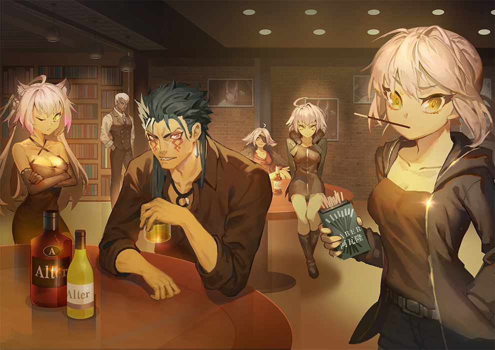 2boys 4girls ahoge alcohol artoria_pendragon_(all) black_hair bookshelf boots brick_wall commentary_request contemporary cu_chulainn_alter_(fate/grand_order) cup dark_skin dark_skinned_male denim denim_shorts drinking_glass earrings emiya_alter eyepatch fate/grand_order fate_(series) feixiang_de_huojiren food formal francis_drake_(fate) jacket jeanne_d'arc_(alter)_(fate) jeanne_d'arc_(fate)_(all) jewelry lancer looking_at_viewer multiple_boys multiple_girls painting_(object) pink_hair pocky red_eyes saber_alter sharp_teeth shorts table teeth vest white_hair yellow_eyes