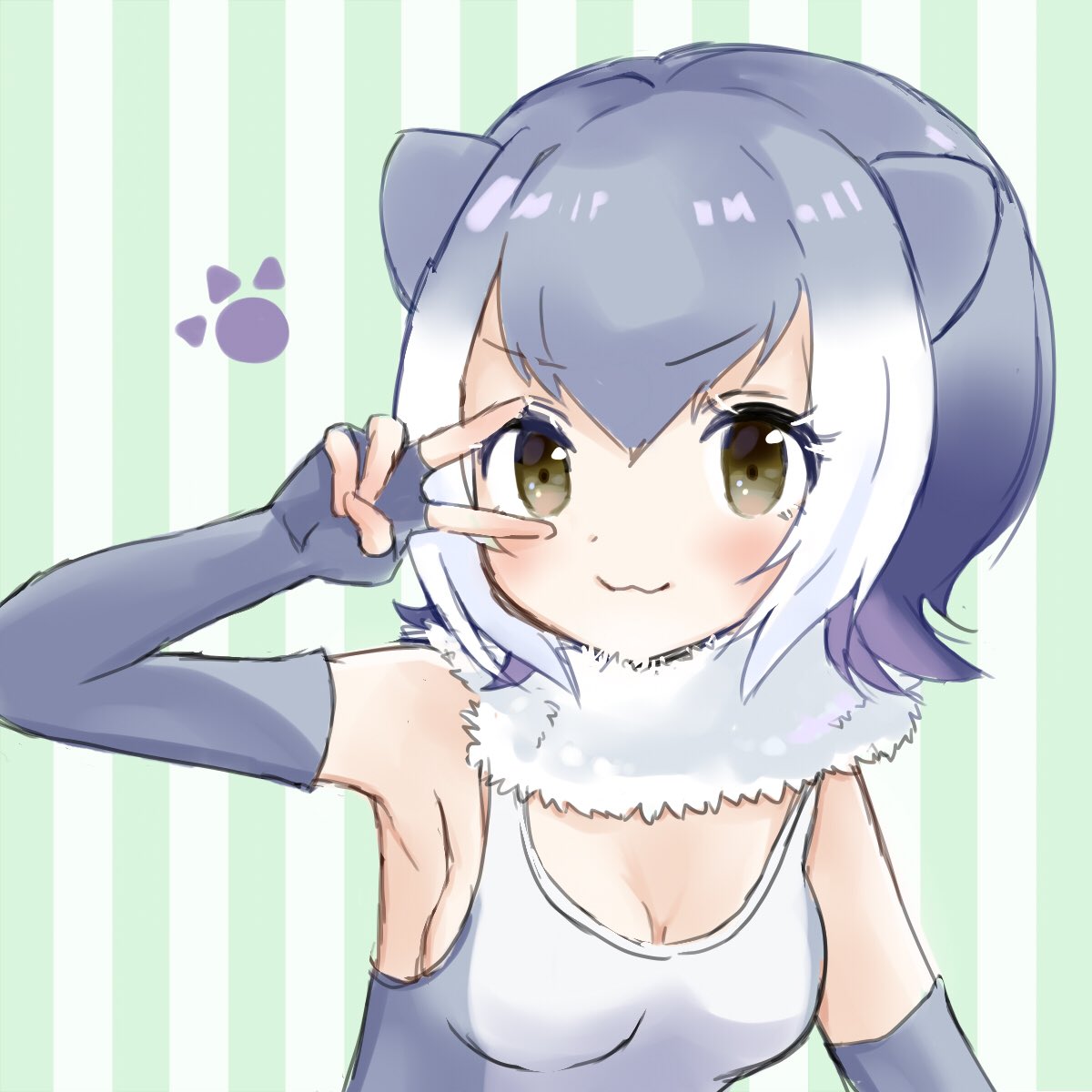 1girl :3 animal_ears armpits blush breasts cleavage commentary_request detached_collar elbow_gloves eyebrows_visible_through_hair fingerless_gloves fur_collar gloves gradient_hair grey_gloves grey_hair hand_up hekicho highres kemono_friends looking_at_viewer multicolored_hair otter_ears partial_commentary sleeveless small-clawed_otter_(kemono_friends) solo striped striped_background upper_body v v_over_eye white_hair