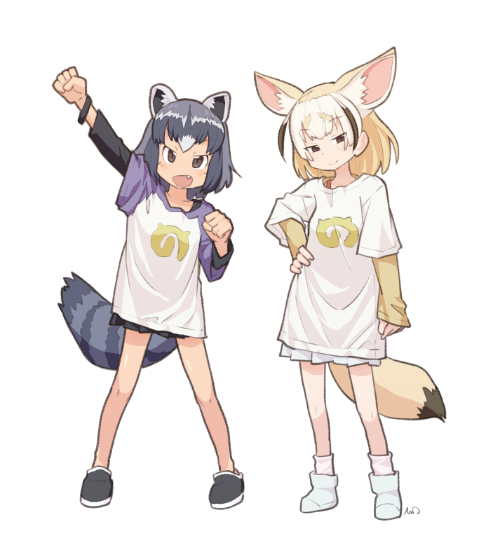 2girls adapted_costume animal_ears black_hair blonde_hair bracelet clenched_hand commentary_request common_raccoon_(kemono_friends) eyebrows_visible_through_hair fang fennec_(kemono_friends) fox_ears fox_tail grey_hair hand_on_hip hand_up japari_symbol jewelry kemono_friends long_sleeves multicolored_hair multiple_girls open_mouth pleated_skirt raccoon_ears raccoon_tail shirt short_hair short_sleeves skirt smile socks t-shirt tail tessaku_ro