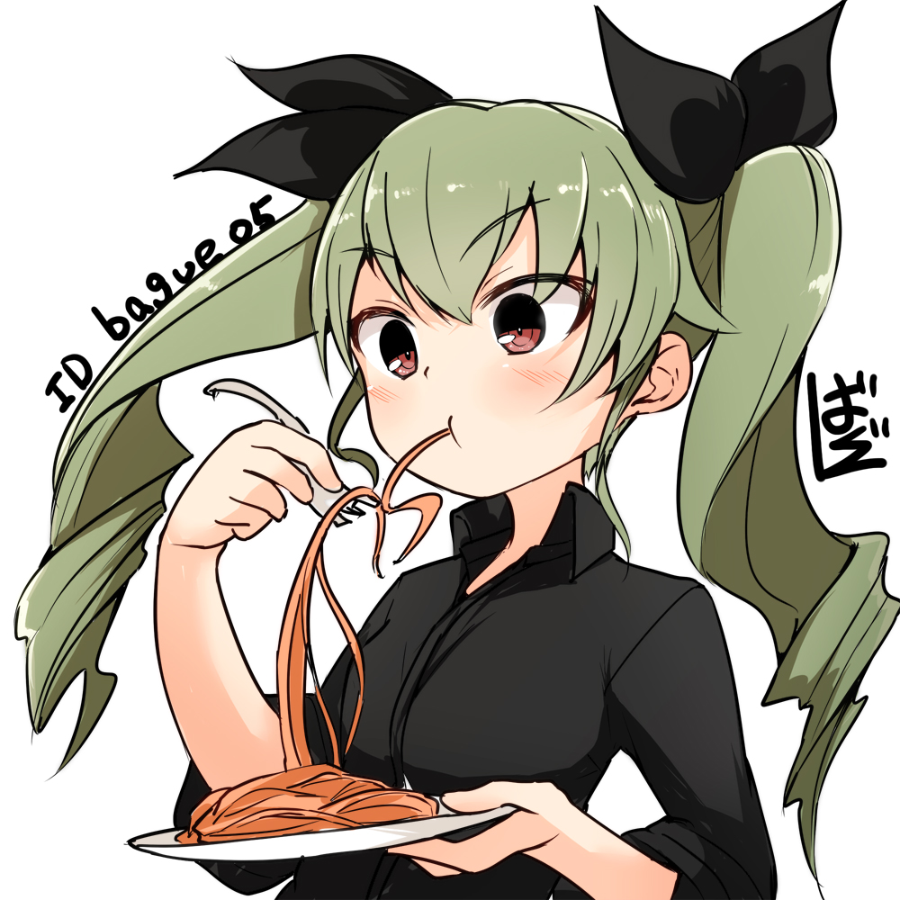 1girl :t anchovy anzio_military_uniform artist_name bangs barashiya black_ribbon black_shirt closed_mouth dress_shirt drill_hair eating eyebrows_visible_through_hair food fork girls_und_panzer green_hair hair_ribbon holding holding_fork long_hair no_neckwear open_collar pasta plate red_eyes ribbon shirt signature simple_background solo spaghetti standing twin_drills twintails twitter_username upper_body white_background