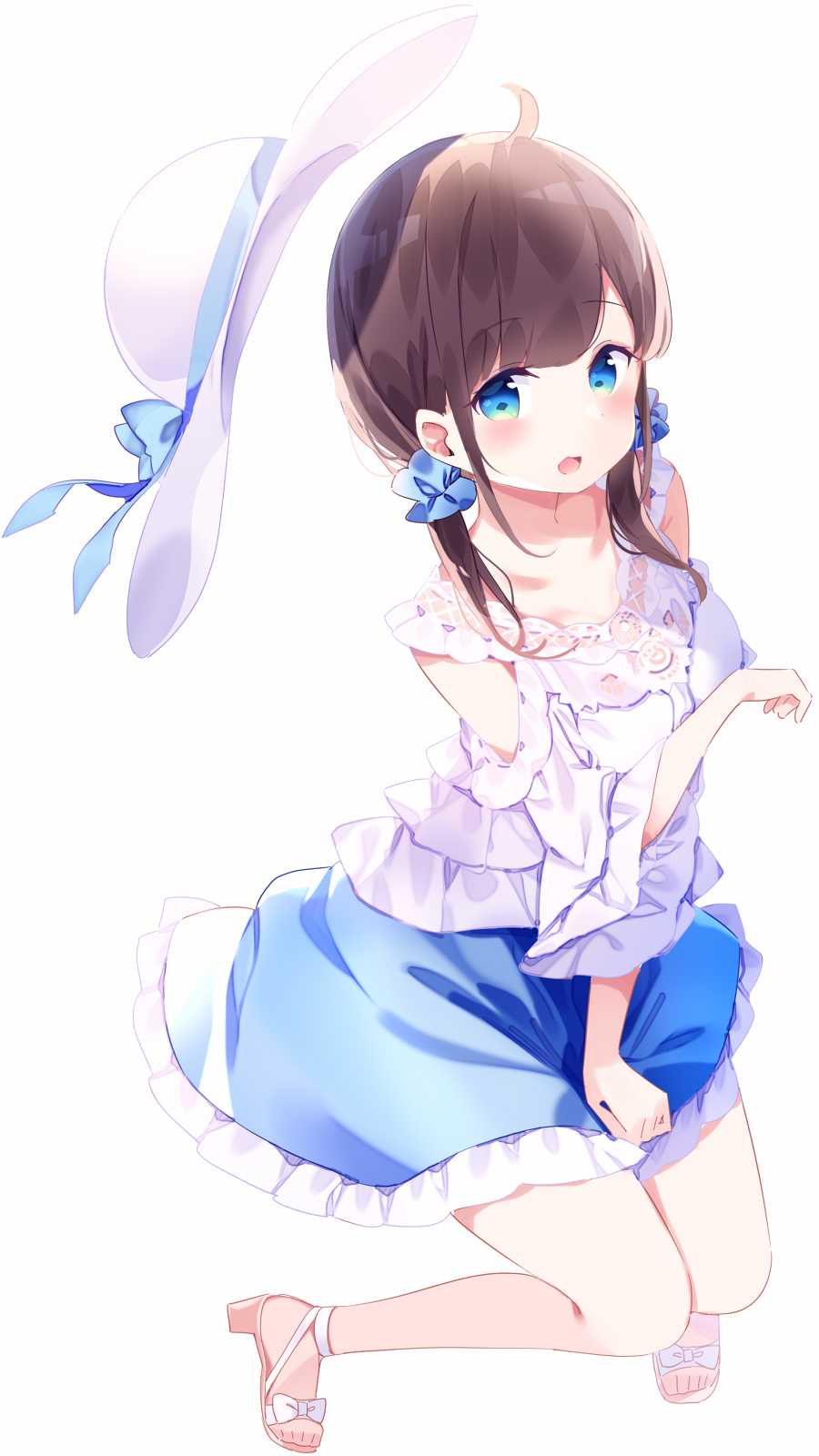 1girl bangs blue_eyes blue_scrunchie blue_skirt blush bow breasts brown_footwear brown_hair chikuwa. commentary_request eyebrows_visible_through_hair full_body hair_ornament hair_scrunchie hat hat_removed headwear_removed highres long_hair long_sleeves looking_at_viewer low_twintails medium_breasts open_mouth original sandals scrunchie shirt shoulder_cutout simple_background skirt solo sun_hat twintails white_background white_bow white_hat white_shirt wide_sleeves