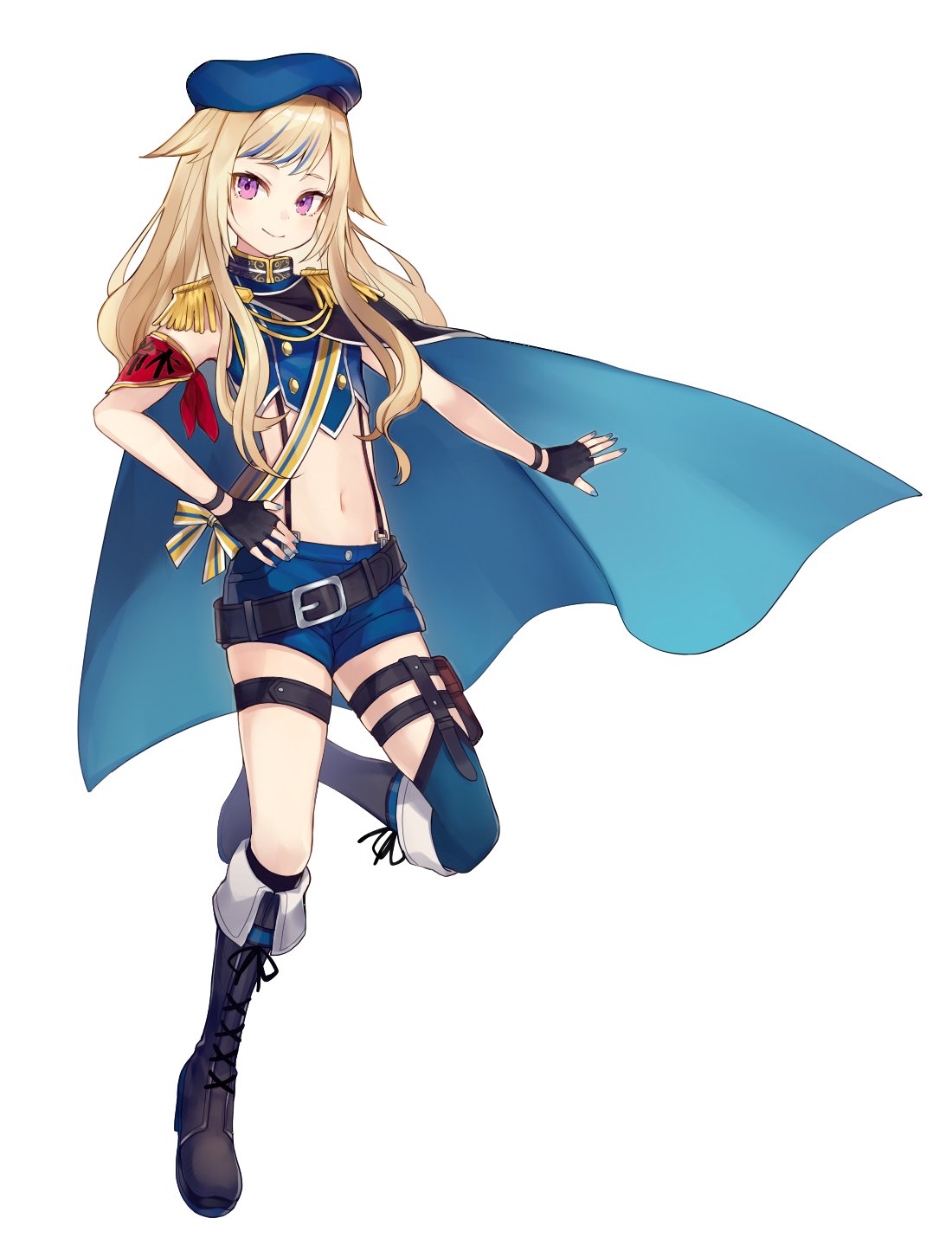 1girl armband bangs belt beret blonde_hair blue_hair blue_shorts boots buttons cape closed_mouth commentary epaulettes full_body hat highlights highres hime_hina_channel leg_strap long_hair looking_at_viewer midriff mismatched_legwear multicolored_hair navel official_art sash shorts shugao sleeveless smile solo suspender_shorts suspenders suzuki_hina violet_eyes virtual_youtuber