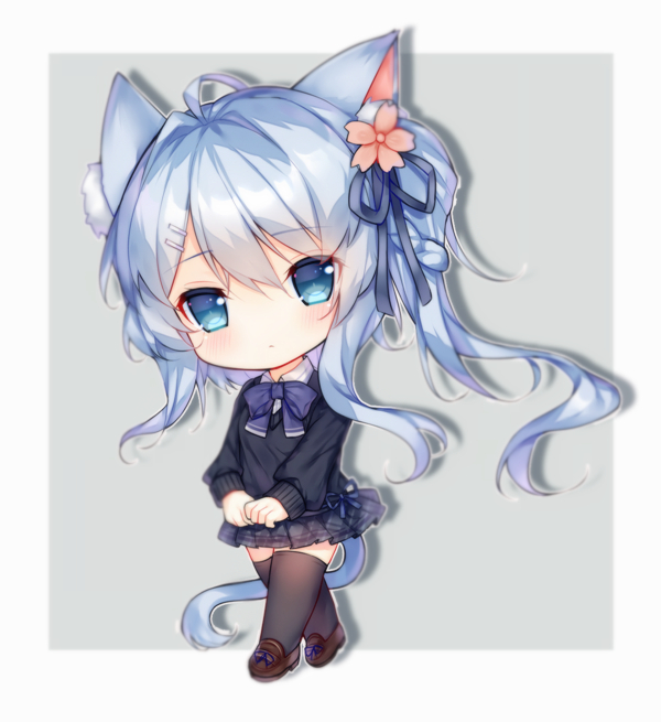 ahoge animal_ears asashio_(azur_lane) azur_lane bangs black_legwear black_ribbon black_skirt blue_eyes blue_hair blush brown_footwear cat_ears cat_girl cat_tail chibi closed_mouth collared_shirt eyebrows_visible_through_hair flower full_body hair_between_eyes hair_flower hair_ornament hair_ribbon hairclip loafers long_hair long_sleeves looking_at_viewer pink_flower plaid plaid_skirt pleated_skirt puffy_long_sleeves puffy_sleeves ribbon school_uniform shirt shoes skirt standing sweater tail tengxiang_lingnai thigh-highs very_long_hair white_shirt