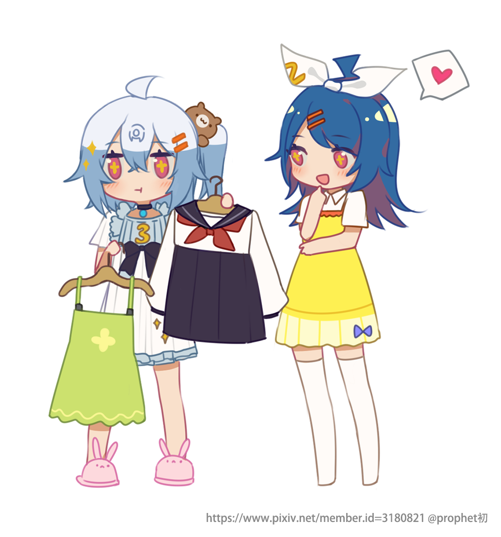 2girls :d :t ahoge animal_slippers bangs bili_girl_22 bili_girl_33 bilibili_douga black_choker black_sailor_collar black_skirt blue_hair blush bow bunny_slippers choker closed_mouth clothes_hanger collared_shirt dress eyebrows_visible_through_hair green_bow hair_between_eyes hair_ornament hair_ribbon hairclip hand_to_own_mouth heart holding long_hair looking_away multiple_girls one_side_up open_mouth pink_eyes pink_footwear pout prophet_chu puffy_short_sleeves puffy_sleeves ribbon sailor_collar school_uniform serafuku shirt short_sleeves simple_background skirt sleeveless sleeveless_dress smile spoken_heart standing stuffed_animal stuffed_toy teddy_bear thigh-highs white_background white_legwear white_ribbon white_shirt yellow_dress