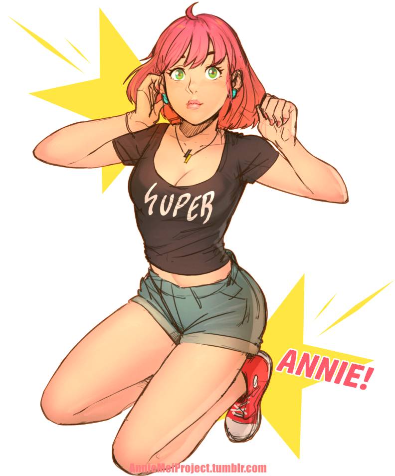 1girl annie_mei annie_mei_project breasts caleb_thomas character_name cleavage clothes_writing converse denim denim_shorts full_body green_eyes jewelry kneeling lips medium_breasts necklace pink_hair shirt shoes short_shorts shorts sneakers solo t-shirt