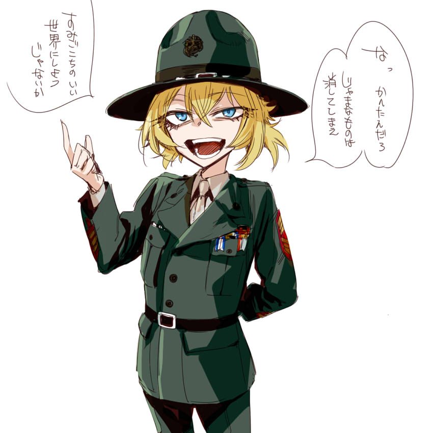 1girl blonde_hair blue_eyes campaign_hat full_metal_jacket hat ikuhana_niiro marine_corps military military_uniform sgt_hartman solo tanya_degurechaff translation_request uniform youjo_senki