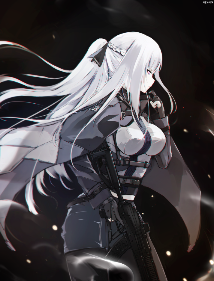 1girl ak-12 ak-12_(girls_frontline) black_gloves black_jacket black_legwear black_ribbon black_shorts braid breasts closed_mouth commentary dyolf girls_frontline gloves gun hair_ribbon holding holding_gun holding_weapon jacket large_breasts long_hair long_sleeves pantyhose partly_fingerless_gloves ponytail profile ribbon shirt short_shorts shorts solo very_long_hair violet_eyes weapon white_hair white_shirt