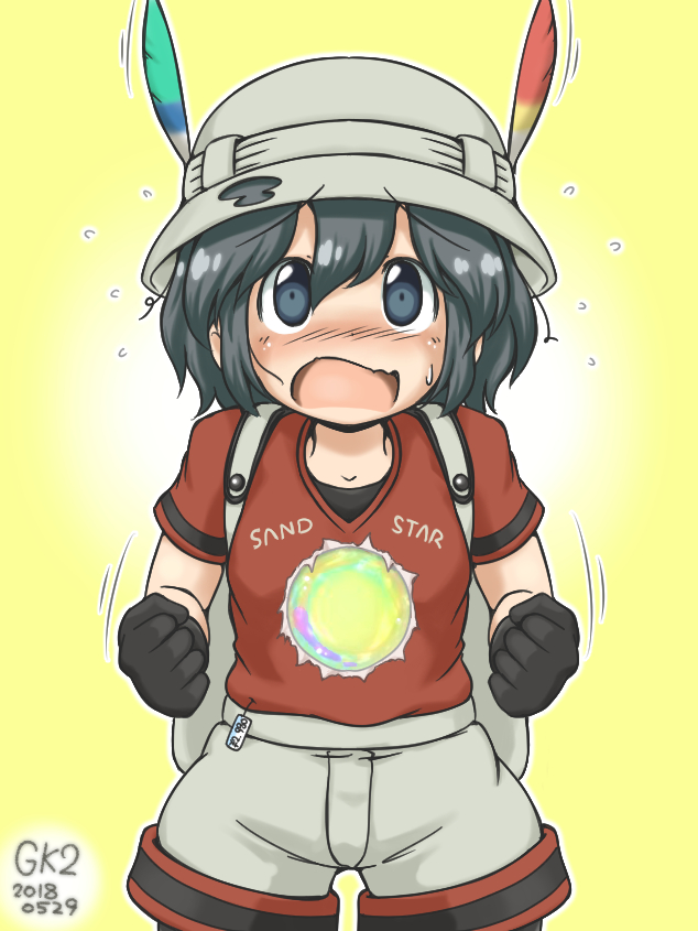 1girl black_hair blush bucket_hat commentary_request cowboy_shot eyebrows_visible_through_hair feathers flying_sweatdrops gaketsu gloves hat kaban_(kemono_friends) kemono_friends nose_blush open_mouth pantyhose price_tag sandstar shirt short_hair shorts solo sweatdrop t-shirt