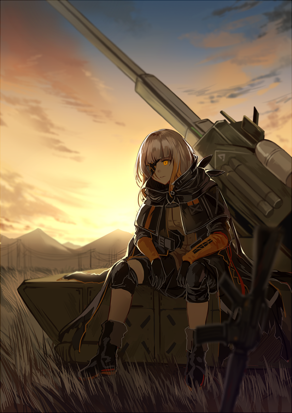 1girl artillery assault_rifle bangs blonde_hair boots braid cloak clouds corruption evening eyepatch girls_frontline gloves gun jacket knee_pads long_hair m16 m16a1_(girls_frontline) mole mole_under_eye multicolored_hair outdoors rifle sangvis_ferri scar shorts silence_girl sitting solo spoilers streaked_hair sunset weapon yellow_eyes