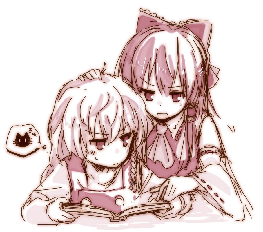 2girls annoyed ascot book bow braid cat detached_sleeves hair_bow hair_tubes hakurei_reimu kirisame_marisa large_bow long_hair long_sleeves medium_hair monochrome multiple_girls muted_color no_hat no_headwear petting reading side_braid single_braid spoken_animal sweat taketatsu_(bamboo_stand09) thought_bubble touhou vest